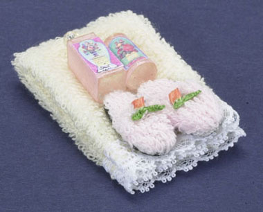 Dollhouse Miniature Towel Set, Beige, W/ Lotion